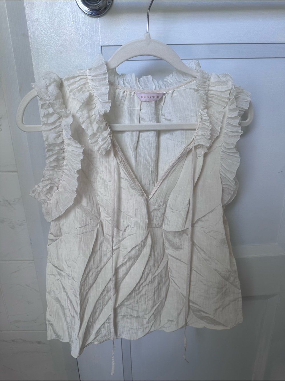 Rebecca Taylor Cream Ruffle Trim V-Neck Sleeveless Top